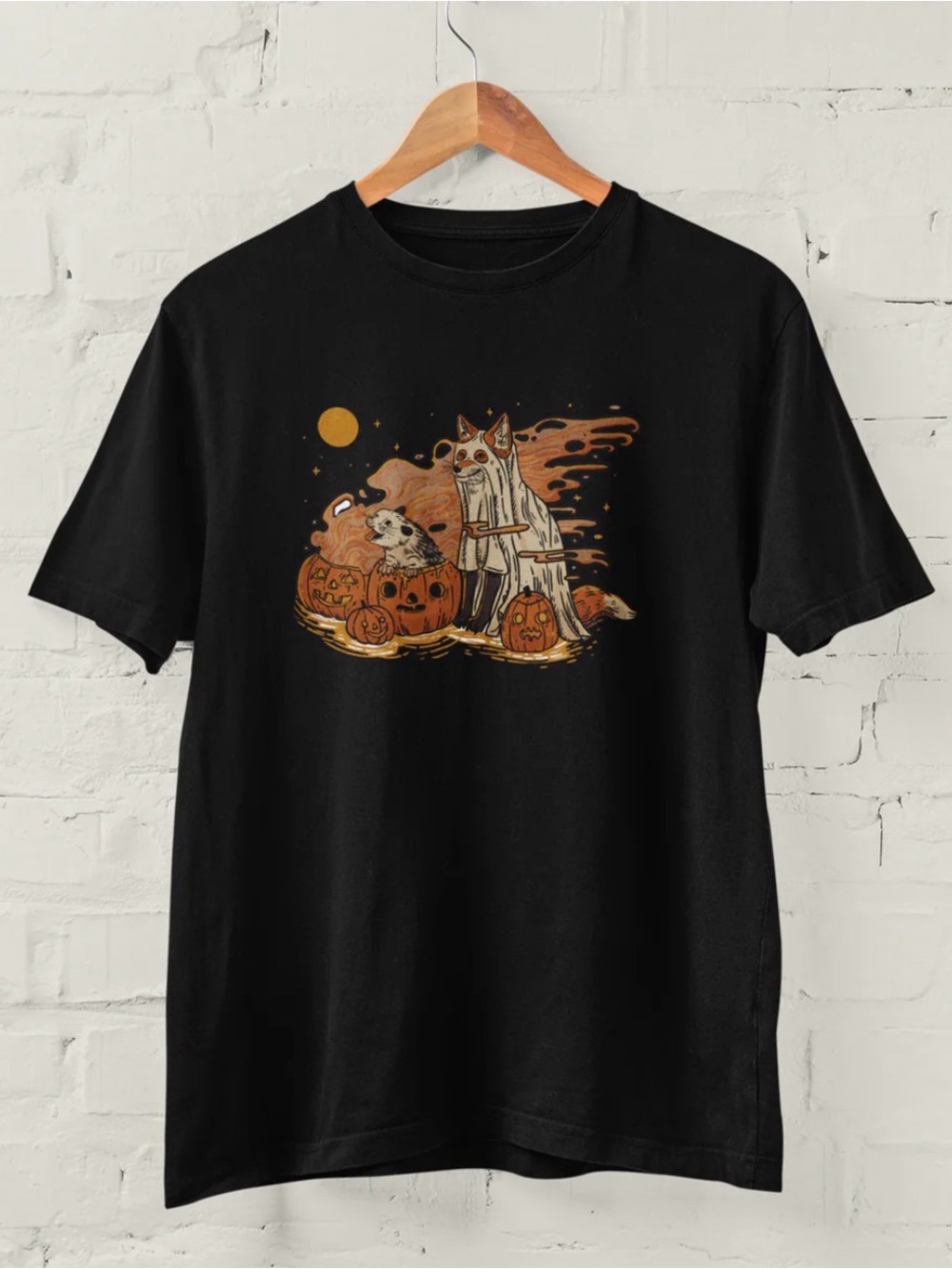 Happiest Unisex Medium Spooky Pals Halloween Fox Pumpkin & Opossum Tee T-Shirt